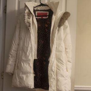 Vintage Betsey Johnson White Puffer Jacket with Faux Fur Hood And Side Cinch M